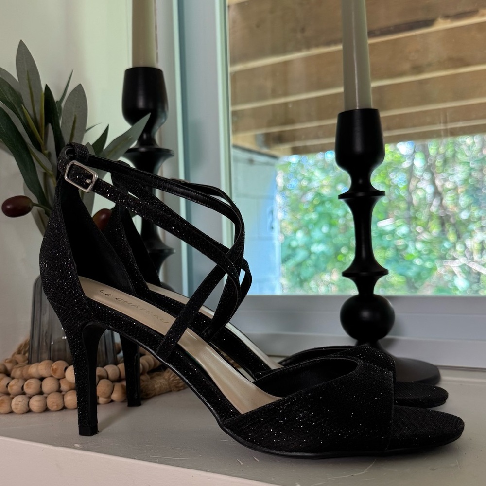 Le Château Sparkly Black Wrap Ankle Heels